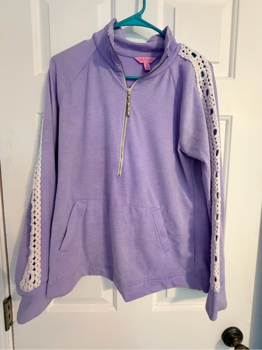 Lilly Pulitzer Lavender Half-Zip Sweatshirt with White Crochet Trim